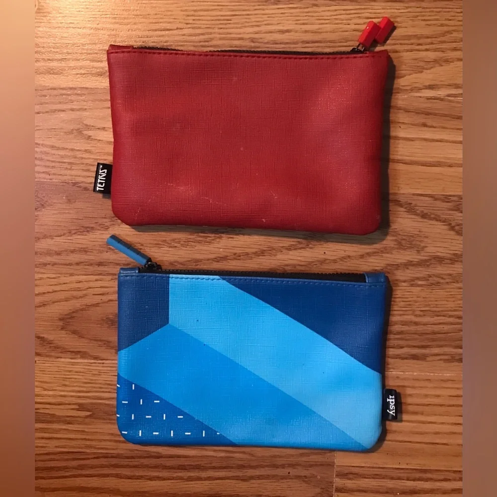 Set of 2 Ipsy Tetris Makeup Cosmetic Pouch Bags Blue & Red Zip close